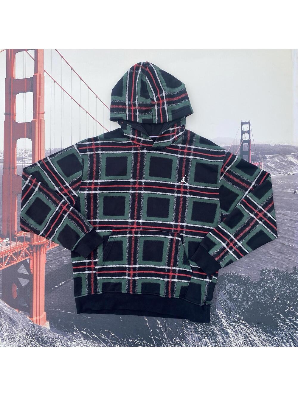 Nike Jordan Hoodie Mens Medium Green Plaid Pullover Fleece Hooded FV7458-010